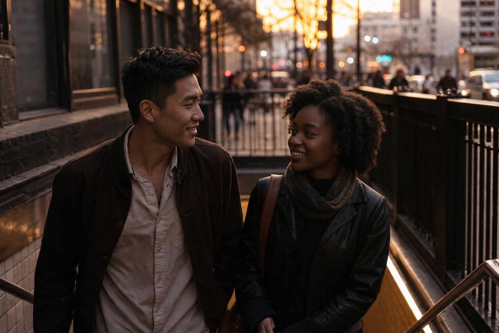 Two young adults talking on a New York City sidewalk