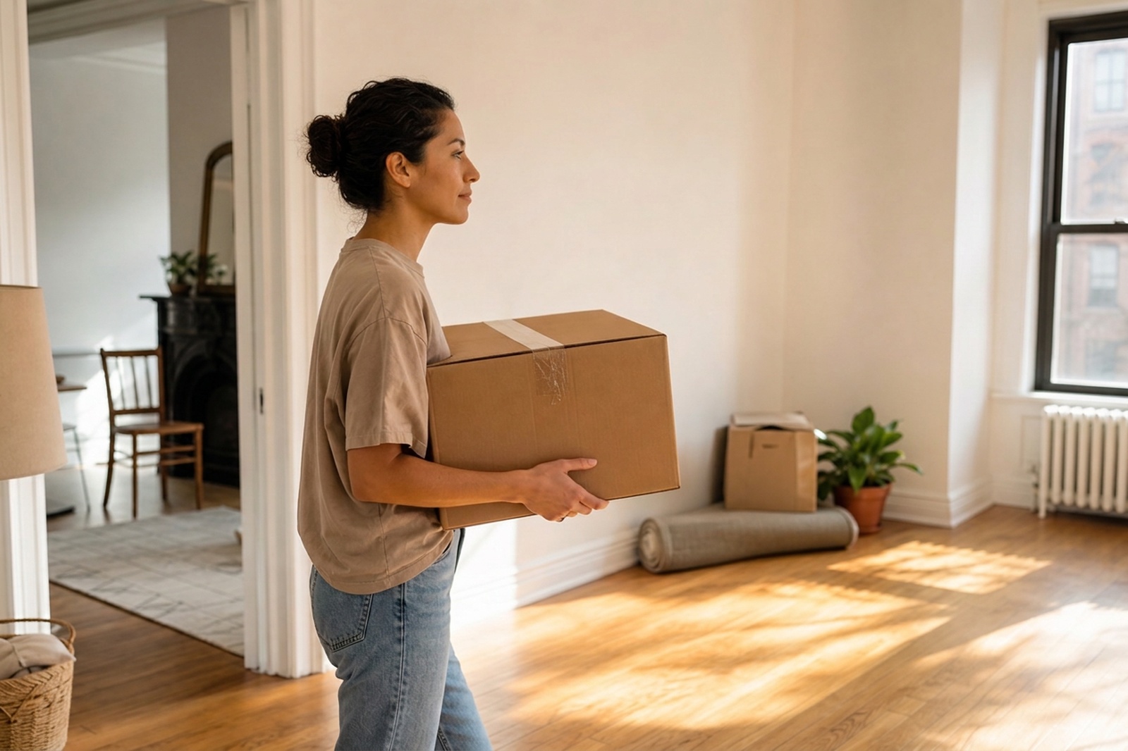 A woman carrying a moving box into a new apartment