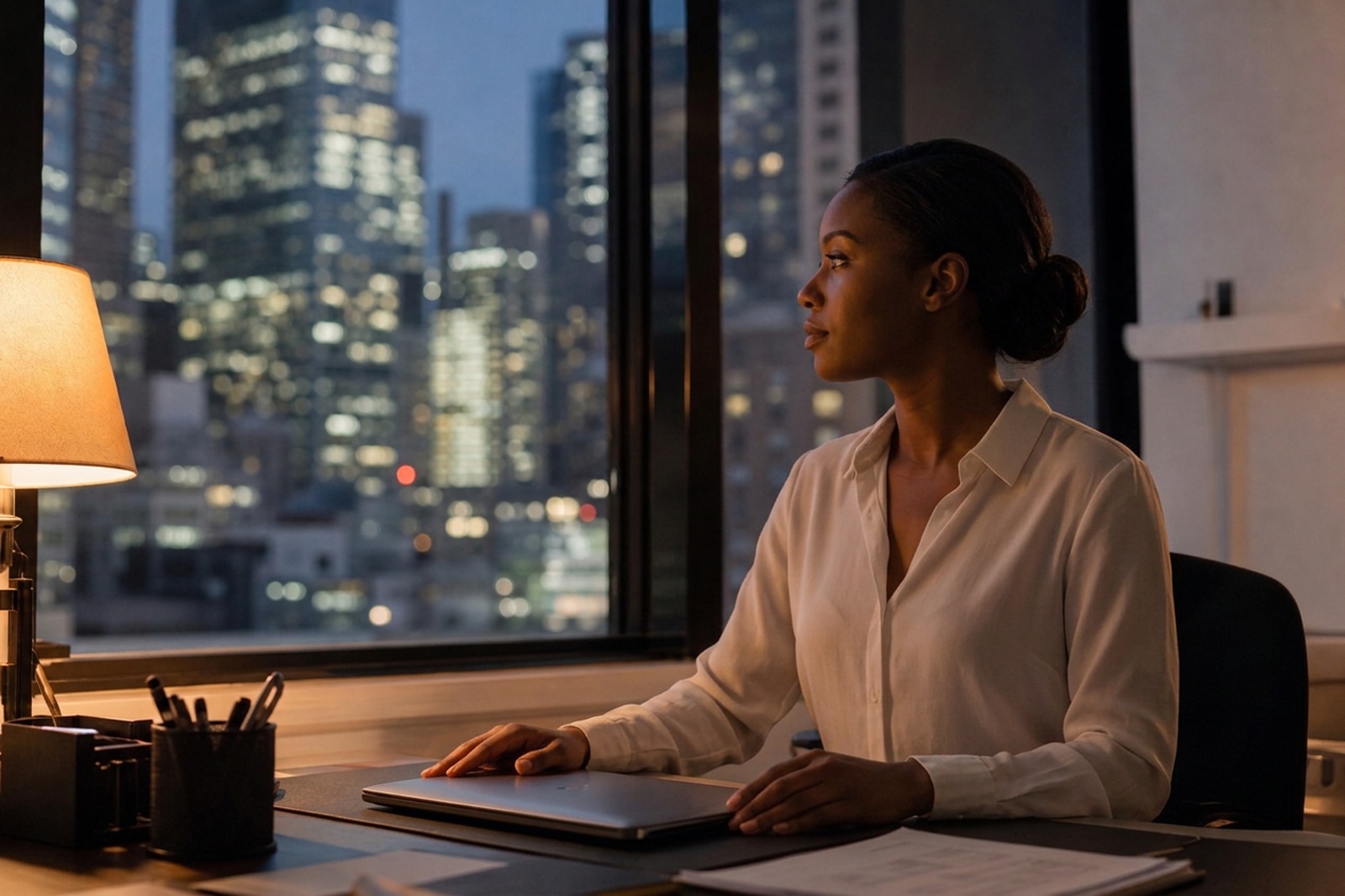 A woman pausing beside an office window in Manhattan
